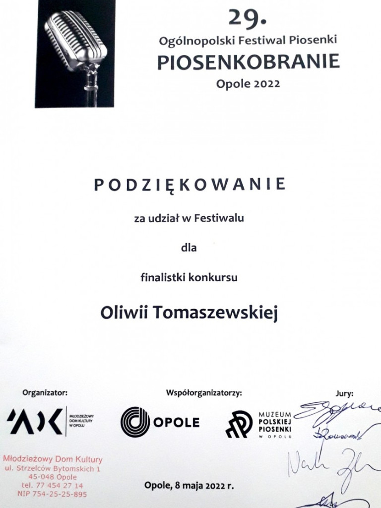 Oliwia Tomaszewska finalistką 29. Ogólnopolskiego Festiwalu Piosenki Polskiej w Opolu